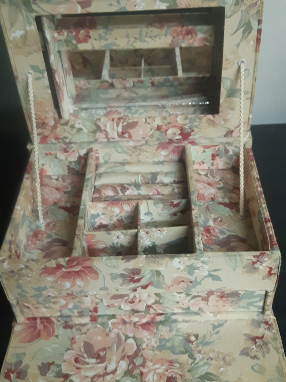 Vintage 80's Floral Jewelry Organizer Box with Mirror - Cream/Pink
